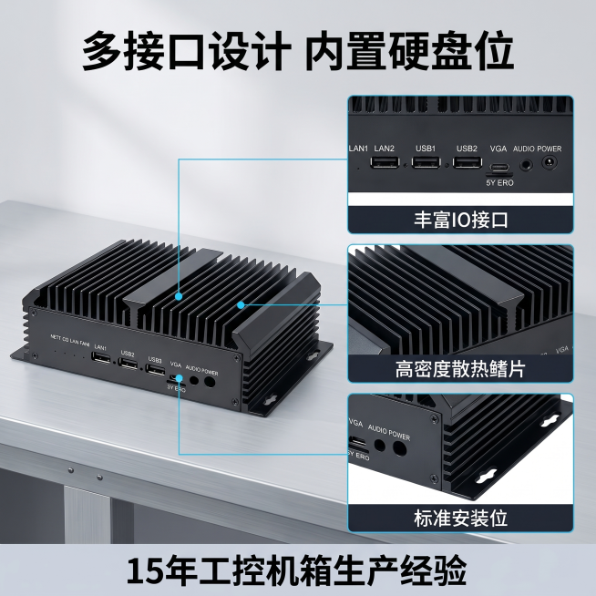 [主图-2] 2U工控机箱核心结构卖点展示，工业制造风。
氛围风格：硬核专业技术展示风，突出结构优势
画质：商业摄影质感，清晰通透，细节锐利，结构真实
元素：黑色2U工控机箱占据画面中心主体，画面左侧预览效果