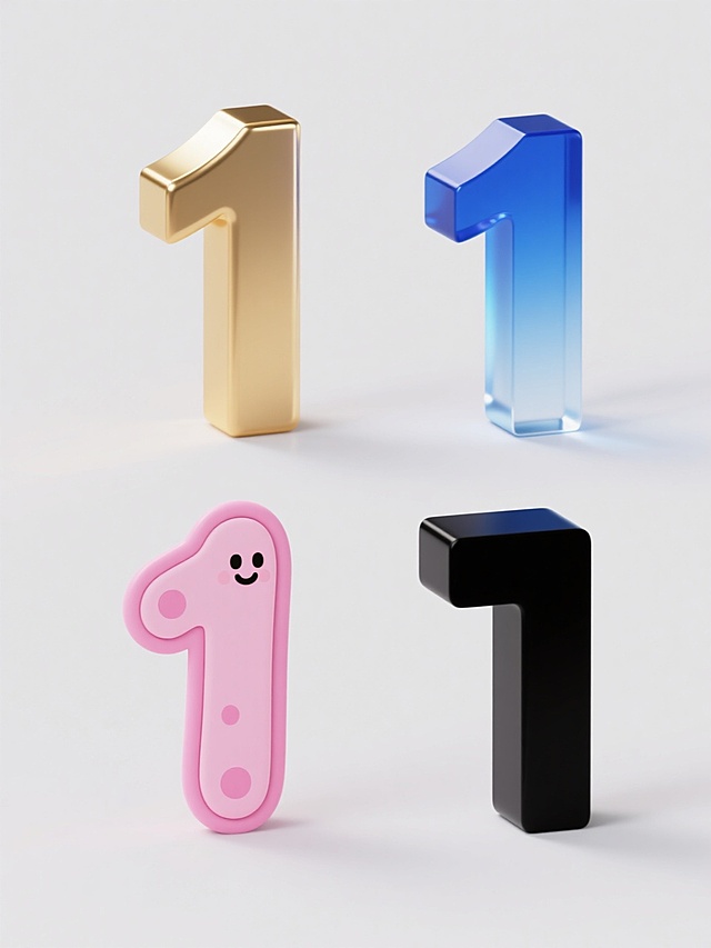 四个不同风格的数字“1”系列素材集合，在纯色背景上规整排布。第一个是金色立体金属质感的数字“1”，表面光滑有光泽，带有明显的高光和阴影；第二个是蓝色渐变玻璃材质的数字“1”，半透明效果，边缘有光晕；第三个是粉色卡通手绘风格的数字“1”，线条圆润，带有可爱的圆点装饰；第四个是黑色简约几何风格的数字“1”，由直线和直角构成，边缘锐利。所有数字大小一致，等距排列，背景为纯白色，整体画面简洁明了，视觉效果统一且富有变化。