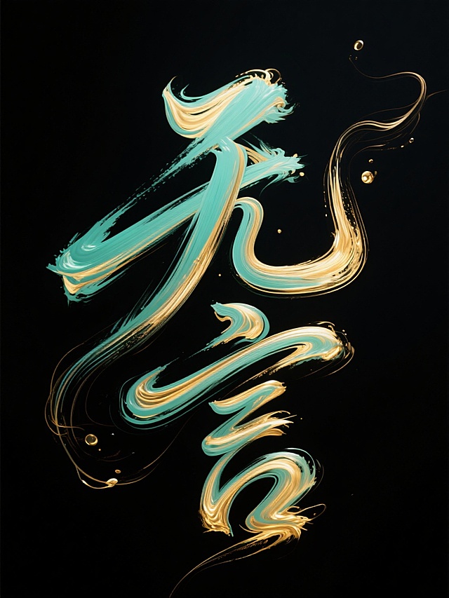 抽象艺术字体“无言”，整体字形由流动毛发状笔触构成，线条如飘逸发丝，融合书法草书节奏，笔触颜色以青绿色与金黄为主，色彩过渡自然，富有光泽与层次感，字形结构错落有致，融入风之动感与水的流线感，营造出一种灵性与自由的视觉体验，黑色背景