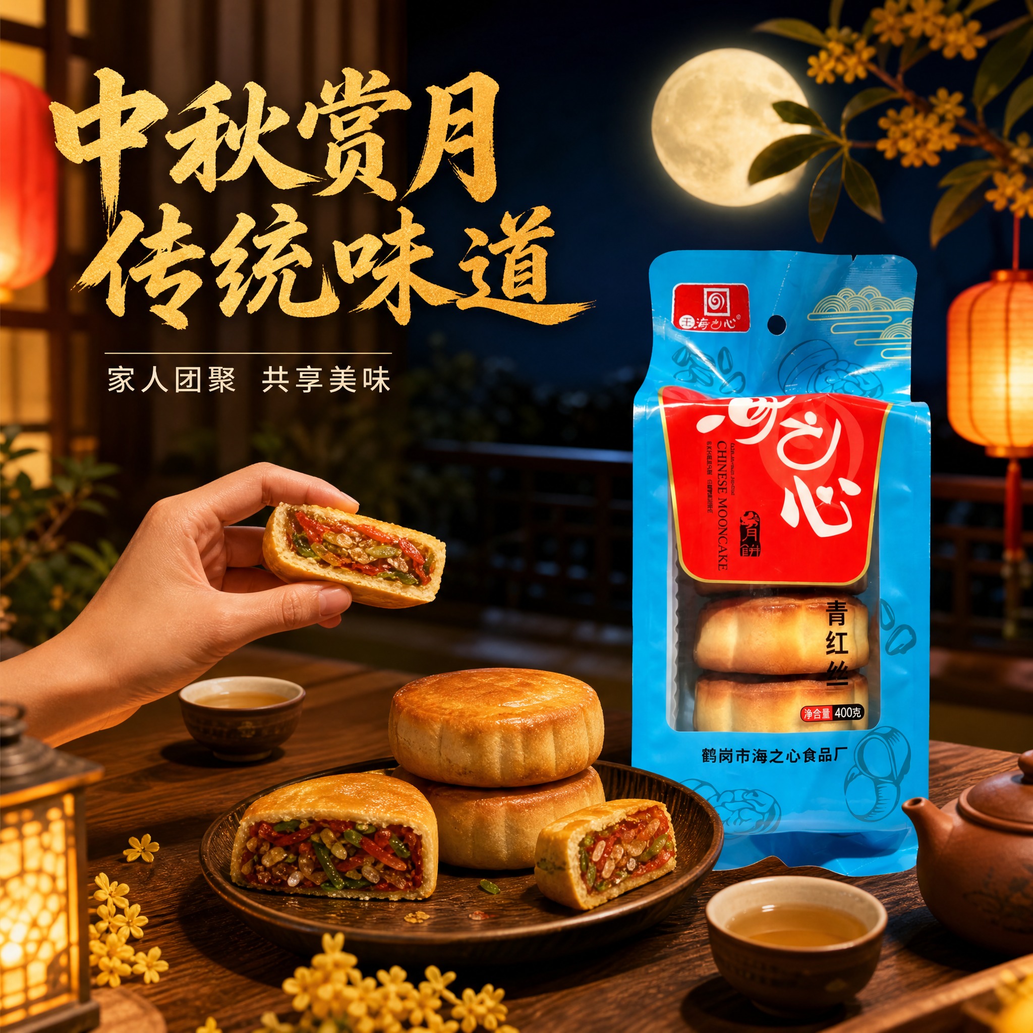 [主图-3] 海之心青红丝月饼场景图，家庭中秋赏月食用场景。… - 图片创意预览