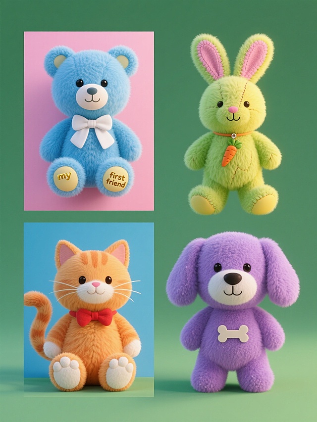 四个不同色彩纯色背景的系列毛绒玩具集合规整排布，每个玩具保持相同写实3D风格，具有柔软蓬松的毛绒质感、精致的缝线细节和圆润可爱的造型，第一个是粉色背景上的蓝色小熊玩偶，胸前系着白色蝴蝶结，脚底有金色"my first friend"字样；第二个是黄色背景上的绿色兔子玩偶，耳朵内侧为粉色，脖子上挂着小胡萝卜吊坠；第三个是蓝色背景上的橙色猫咪玩偶，尾巴卷曲，爪子为白色，佩戴红色领结；第四个是绿色背景上的紫色小狗玩偶，耳朵耷拉，胸前有骨头形状的标签，所有玩具采用相同的光影处理，柔和的顶部光源，清晰的阴影，统一的构图布局，形成协调的视觉系列。