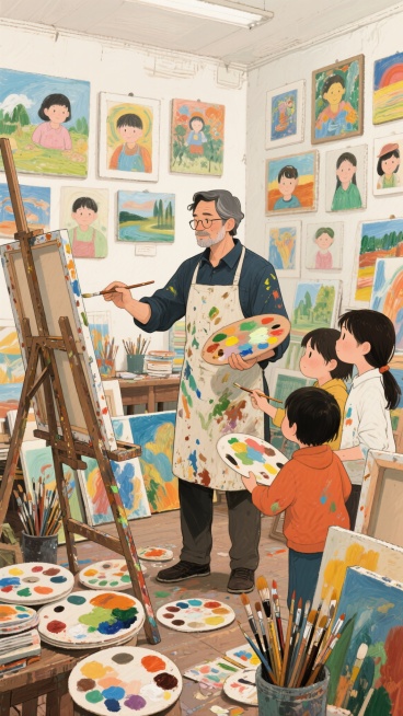 油画质感画面，画室场景，画家模样的老师（围裙沾着颜料、手持画笔）站在画架前，耐心指导学生创作，周围堆满调色盘、画笔与半成品画作，墙上挂满师生作品，色彩浓烈充满艺术感，突出老师的艺术感染力预览效果