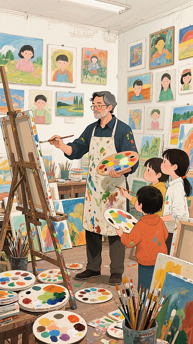温馨插画风，水彩质感，老师与孩子们在艺术教室共创美好瞬间。