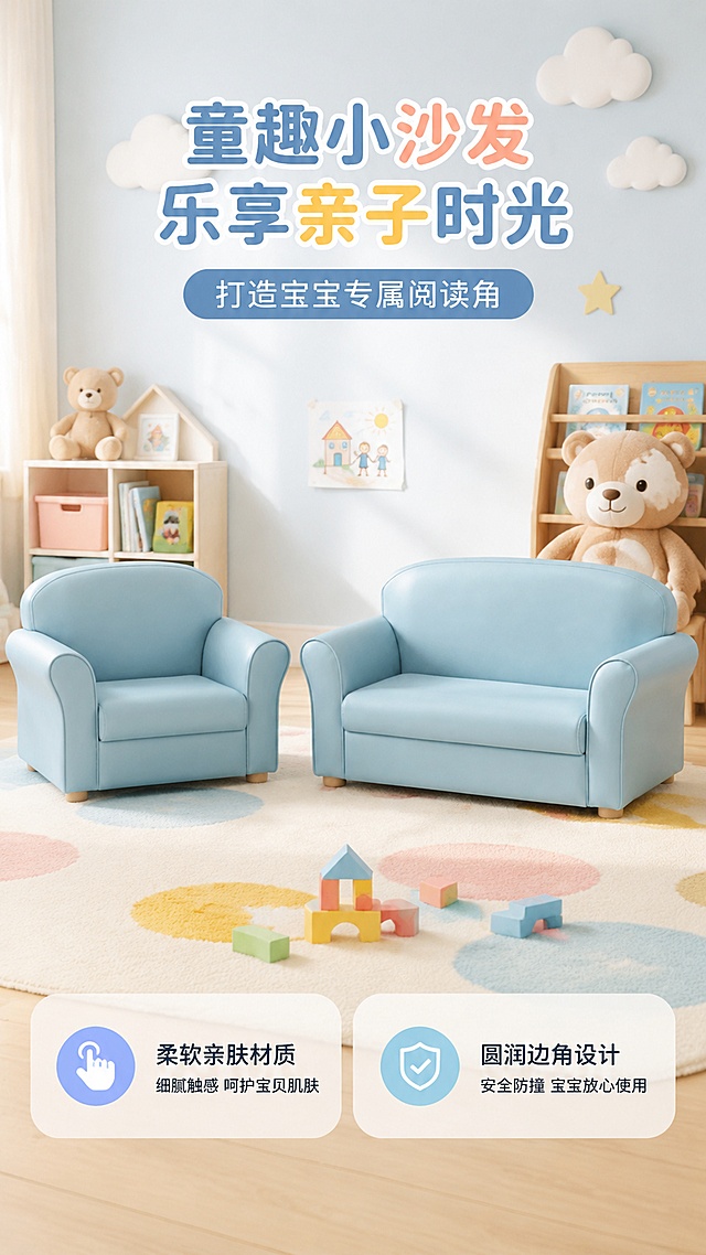 [第3屏] 淘宝/天猫详情页，儿童组合沙发场景使用图，展示浅蓝色双人儿童沙发和配套单人款儿童沙发组合摆放效果。本屏使用【图1】作为两款沙发的主体参考。
[氛围/风格] 童趣温馨风格，明亮温馨儿童房场景，实拍质感，柔和明亮光影，充满童趣氛围。
[元素布局] 两款儿童组合沙发摆放于儿童房空间中心，占比约70%；背景增加可爱童趣元素：搭配彩色小地毯、墙面云朵装饰、角落摆放卡通玩偶和绘本，前景搭配儿童积木玩具；两款沙发的结构、材质、颜色与输入产品图保持一致，轮廓清晰，造型可爱圆润。
[光影质感] 主光源来自左侧自然光，右侧补柔光，地面柔和阴影，整体光线均匀明亮，突出沙发柔软材质和饱满轮廓。
[配色色系] 全局底色 #F5F9FF；主色浅蓝色沙发，辅助色马卡龙浅粉、浅黄装饰色，点缀浅木色地板。
[视角构图] 平视45度斜角拍摄，景深自然，产品清晰，背景柔和虚化，阅读动线从上到下自然流畅。
[文字版式] 顶部主标题「童趣小沙发 乐享亲子时光」，副标题「打造宝宝专属阅读角」，圆角加粗字体居中排列；底部两个圆角信息框，分别标注「柔软亲肤材质」「圆润边角设计」，文字清晰不遮挡产品主体。
[比例分辨率] 9:16竖版比例，4K分辨率，文字清晰可辨，高清画质。
[负向提示词] 产品变形，结构错误，颜色偏差，缺件错件，文字错乱，文字过小，水印，背景杂乱