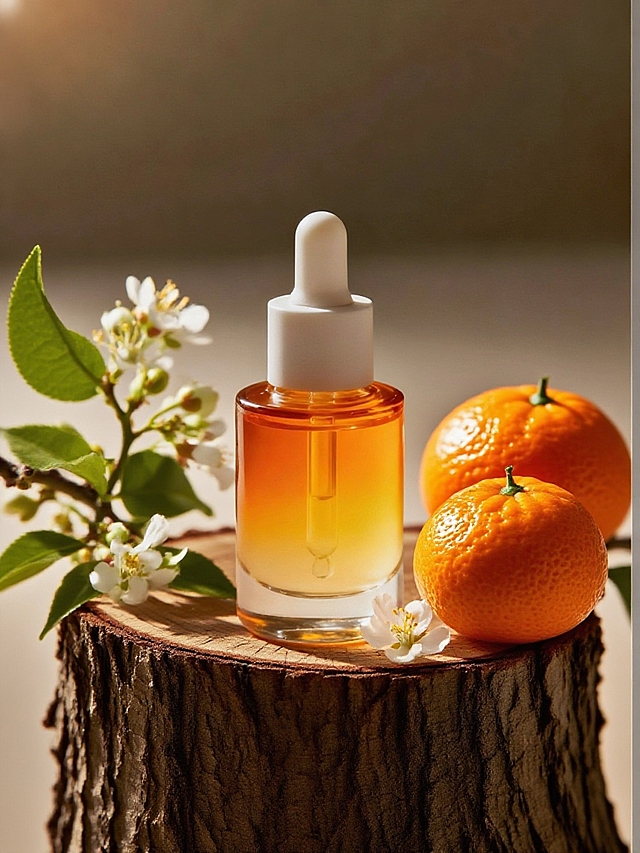 主体放置在树干上，左侧，有一个绿叶的花枝，右侧，有两个橙子，树干上还散落着一朵白花，背景为朦胧的橙色调，自然光线