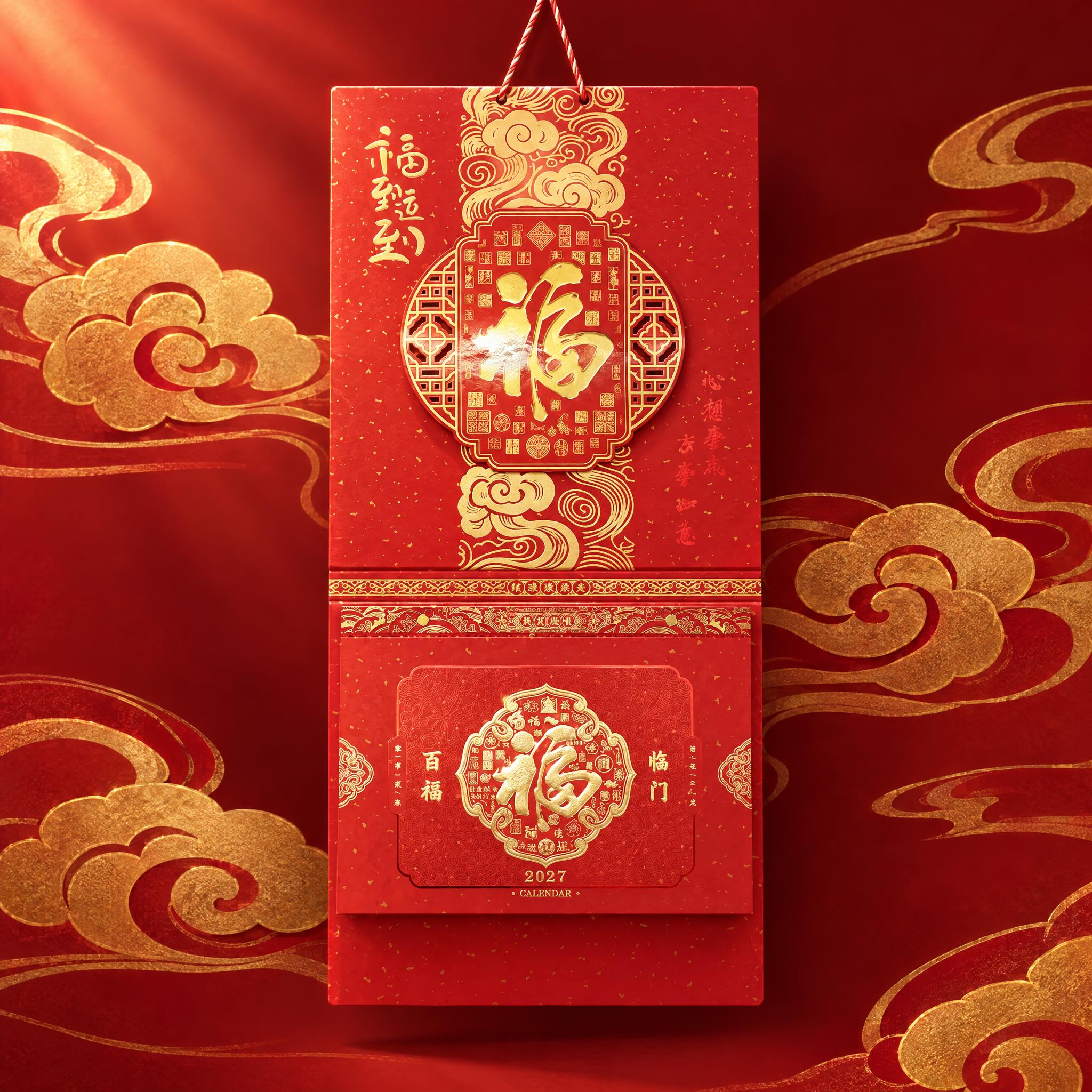 深红色渐变背景搭配金色祥云纹理，与主图风格一致的国潮喜庆氛围。… - 图片创意预览