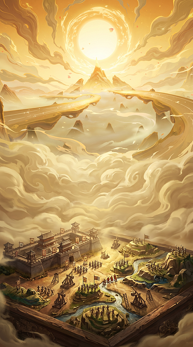 扩充图片，扩充为9:16比例图片，中间为云层遮挡作为过渡，下方为行军打仗用的城池沙盘