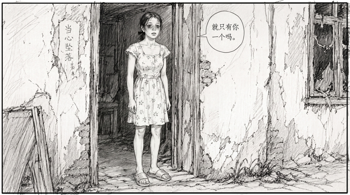 基于第一张图的李东莲，绘制她双目无神开口询问的分镜画面，台词气泡写："就只有你一个吗。"，整体画面风格完全匹配第二张图的精细铅笔素描漫画分镜风格，在破旧农村房屋门口场景，保留人物的碎花连衣裙和粉色拖鞋预览效果