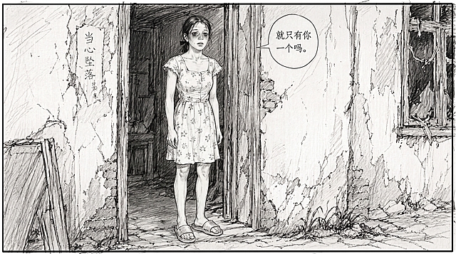 基于第一张图的李东莲，绘制她双目无神开口询问的分镜画面，台词气泡写："就只有你一个吗。"，整体画面风格完全匹配第二张图的精细铅笔素描漫画分镜风格，在破旧农村房屋门口场景，保留人物的碎花连衣裙和粉色拖鞋造型，浓重黑眼圈，神态麻木无神