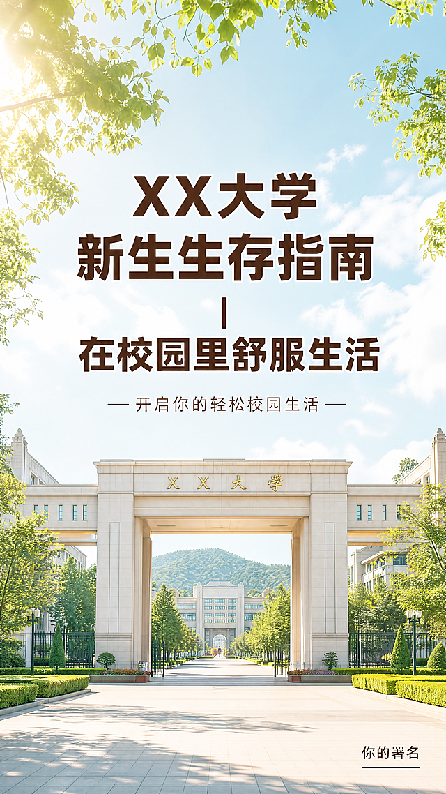 [第1屏] 封面页，XX大学新生生存指南封面设计，标题为“XX大学新生生存指南｜在校园里舒服生活”。[氛围/风格] 青春清新校园风，暖调阳光，明亮舒适，设计简洁干净。[元素布局] 背景使用大学校园标志性建筑/校门的实景风景图，占据整个画面背景，透明度调低保证文字清晰。主标题放在画面中央，副标题放在主标题下方，右下角预留署名位置。建筑轮廓清晰，整体构图均衡。[光影质感] 上午柔和自然光，光影通透，背景清晰不杂乱，主体文字突出。[配色色系] 背景以校园建筑自然绿色和浅蓝天空为主，文字使用深棕色/白色对比色，保证可读性。[视角构图] 横版建筑背景适配竖版封面构图，画面中心预留标题区域。[文字版式] 主标题“XX大学新生生存指南｜在校园里舒服生活”字号大，加粗醒目，居中排列；副标题“开启你的轻松校园生活”字号较小，放在主标题下方，居中；右下角“你的署名”小字留白，文字不遮挡核心建筑景观。[比例分辨率] 9:16竖版，4K分辨率，文字清晰可辨。[负向提示词] 文字错乱，文字遮挡主体，变形，水印，颜色偏差，背景杂乱，建筑模糊