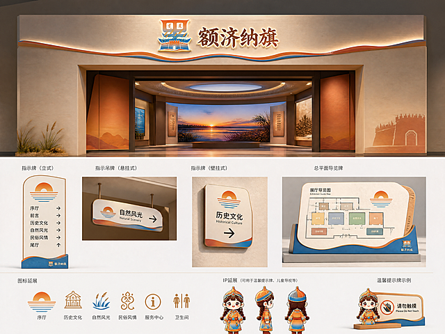 额济纳旗展厅导视设计：门头含主LOGO与‘额济纳旗’文字，指示牌用日出图标+箭头