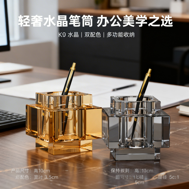 1:1 竖版电商主图，严格还原上传产品图细节，保持产品尺寸：高10cm、宽9.5cm、内径5cm，尺寸比例1:1；画面主体为琥珀色 + 透明灰双款水晶笔筒成对展示，放置在商务办公桌场景；主标题 "轻奢预览效果