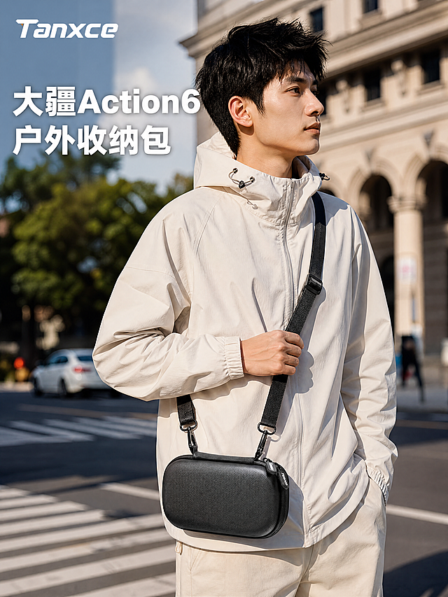[主图-1 3:4] 户外街拍场景大疆Action6收纳包首图。氛围风格：户外真实场景，硬朗运动风，自然阳光质感。画质：商业摄影质感，光线通透，产品清晰真实，保留所有产品细节，画面干净高级。元素：年轻亚洲男性模特穿米白色运动户外服（上衣+长裤），单肩斜挎黑色收纳包，站在城市街道路边，背景虚化的户外街景，包包主体清晰，占比约65%。保持收纳包外观、结构、材质、颜色与原图一致，绝对不能变形和色差，精细化处理每一处细节。光影：下午自然光侧光，硬朗清晰阴影，突出包身硬壳质感和纹理，整体光影通透。配色：黑色包包 + 米白模特穿搭，背景自然城市街景; 高对比突出产品。视角构图：平视45度侧身，景深较浅突出主体包包，画面满铺无边框。文字版式：左上角安全区放Tanxce品牌Logo，下方大字主文案“大疆Action6 户外收纳包”，白色粗体带浅投影保证清晰可读。比例分辨率：3:4比例1536×2048，4K分辨率。负向提示词：变形，水印，文字错乱，产品图模糊，背景杂乱，丢失细节，模特穿黑色衣服。