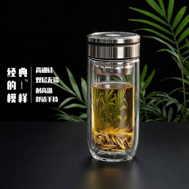 保持玻璃杯整体结构、杯内茶叶形态完全不变，更换为纯黑色简约主题背景，背景点缀绿植营造雅致氛围，将左侧文字放大两个号，清晰醒目，升级双层玻璃通透度，透过玻璃和茶水可清晰看到后方场景，大师级灯光效果，玻璃预览效果