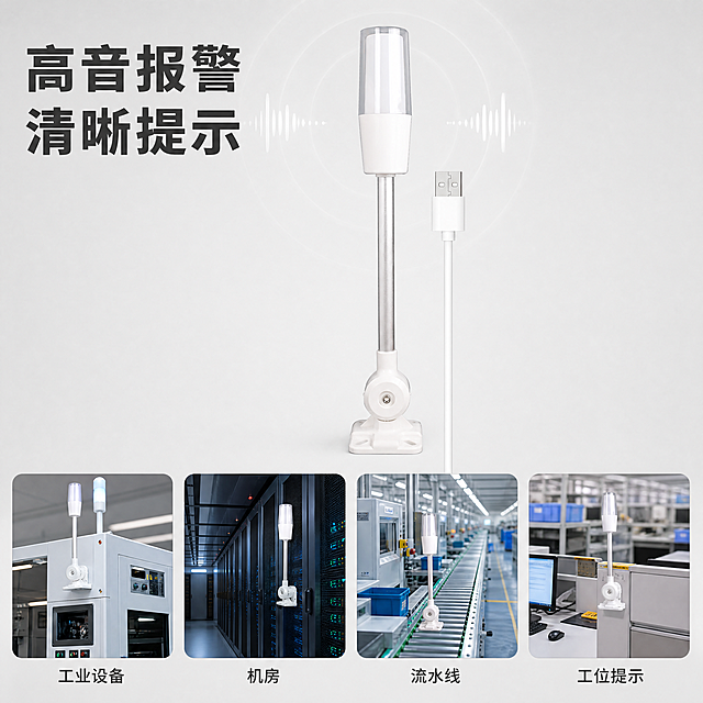 [主图-4] 展示报警声音响亮卖点和多适用场景。
[氛围风格] 简约直观，专业清晰；
[画质] 商业摄影质感，光线通透，产品清晰真实，画面干净高级。
[元素] 报警灯主体放置在画面中上部，保持产品外观结构、颜色材质和原图保持一致。下方四宫格展示四个常见应用场景：工业设备、机房、流水线、工位提示，每个场景小图配简洁标签。产品主体清晰突出，场景小图辅助展示适用性。
[光影] 整体光线均匀明亮，产品主体光影清晰，场景图光线统一和谐。
[配色] 浅灰背景调，产品原有白+银，场景图自然真实色调，整体简洁协调。
[视角构图] 上方主体展示，下方四宫格场景，整体满版构图，层次分明，无边框。
[文字版式] 左上部大字标题“高音报警 清晰提示”，深灰色粗体；每个场景小图下方标注对应场景名称，字号适中，文字不遮挡主体，清晰可读。
[比例分辨率] 1:1比例，4K分辨率，文字清晰，超高清。
[负向提示词] 变形，水印，文字错乱，产品图模糊，背景杂乱