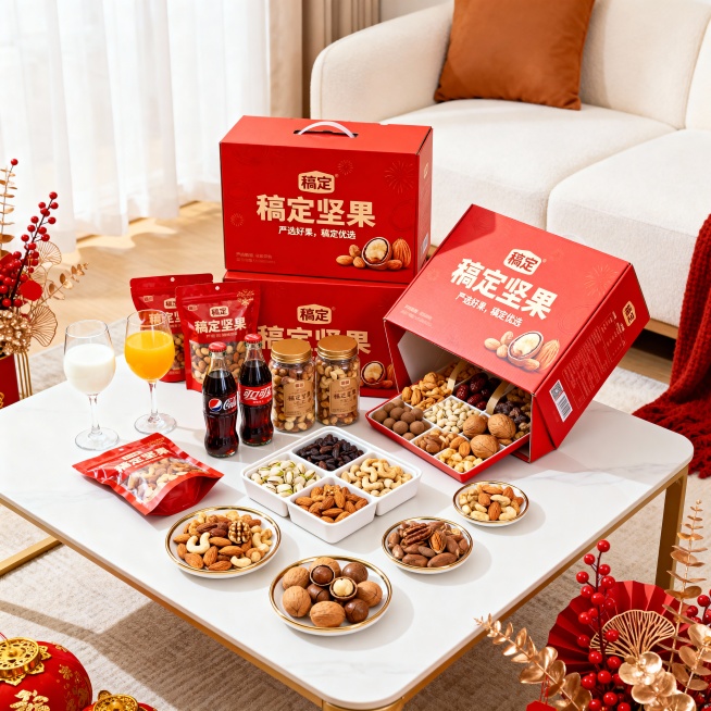 真实摄影图像，客厅室内空间，奶油风，客厅茶几上摆放着坚果礼盒组合，坚果礼盒有三种样式，这三个坚果礼盒在视觉中心并形成前后错开放置，右侧有一个礼盒呈打开的姿势，并向镜头倾斜，展示礼盒内部样貌，茶几左侧，预览效果