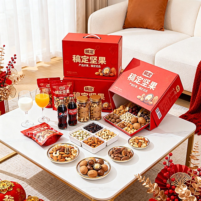 真实摄影图像，客厅室内空间，奶油风，客厅茶几上摆放着坚果礼盒组合，坚果礼盒有三种样式，这三个坚果礼盒在视觉中心并形成前后错开放置，右侧有一个礼盒呈打开的姿势，并向镜头倾斜，展示礼盒内部样貌，茶几左侧，礼盒前侧放置几杯大小不一的红酒杯，里面是牛奶、橙汁、可乐。视觉中心礼盒前面是五六盘尺寸大小不一的坚果盘。中间放置一个四宫格坚果盘，坚果盘紧凑在一起，茶几上还有包装好的坚果袋、三四瓶玻璃瓶装的坚果。茶几上的东西放置都紧紧挨在一起，丰富饱满。
新春装饰环绕烘托氛围，视觉热闹且突出产品。色彩：正红 + 鎏金 + 坚果暖棕为主，色调偏暖白。风格：新春集市 + 超市促销风，元素质感饱满（年货包装细节、装饰元素光泽、背景氛围）。画面背景虚化。坚果礼盒为正红色。拍摄角度：低角度，以坚果礼盒为视觉中心。背景提亮，背景虚化。
商品名称稿定坚果，商品品牌为稿定，商品宣传为严选好果，稿定优选）；包装盒只保留品牌名和品牌名称和宣传语，画面干净整洁。整个画面布局紧凑，丰富饱满