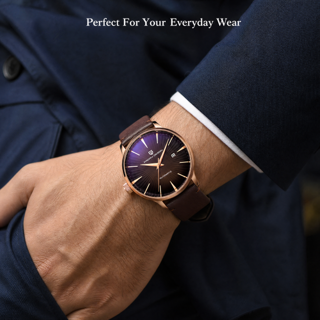 [第5屏] 手模特佩戴展示-Pagani Men's Watch on hand model display page. 本屏使用【图1】手表保持原有产品特征，生成佩戴效果图。
[氛围/风格] 真实商预览效果