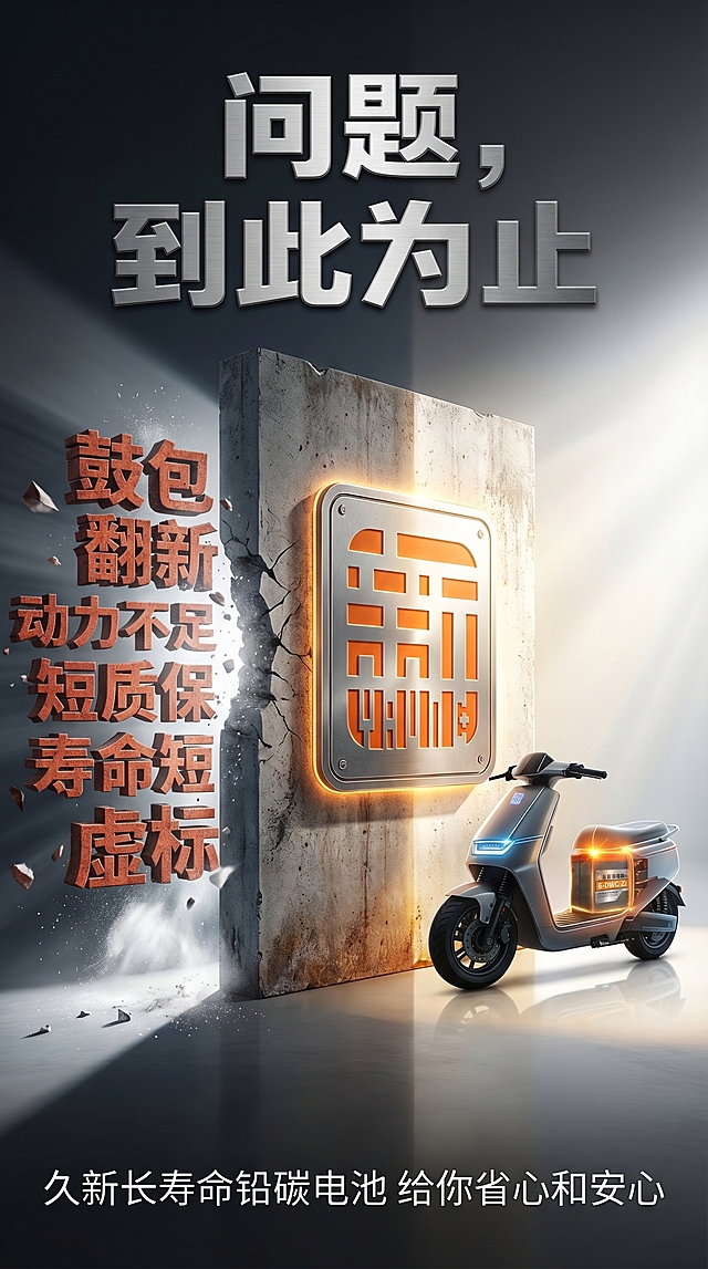 海报设计，核心视觉：画面中央矗立着一堵厚重的混凝土墙体，墙体正中央有一块巨大的发光金属铭牌，嵌入参考图中的logo (https://gdesign-dam-hz.dancf.com/36179848410940531/8937bf8b278e459a97b4a4c218c1b465.png)；一道强光从左向右打在墙体上，左侧阴影浓重，右侧明亮干净。左侧视觉（问题侧）：墙体左侧边缘外侧，文字"鼓包、翻新、动力不足、短质保、寿命短、虚标"采用崩裂的碎石块质感字体，每个字像砸碎的碎片，边缘锋利，带有碎裂飞白痕迹，颜色为铁锈红暗红色，字块大小不一，倾斜散落，呈现悬空碎裂状态。右侧视觉（安心侧）：墙体右侧地面平滑有光泽，停放着一辆外观崭新线条利落的电动车，电动车电池仓核心部件使用参考图中的电池样式 (https://gdesign-dam-hz.dancf.com/36179853505584275/3b413a79671c468b873bea3df48fda88.jpg)，象征久新电池隔绝了所有问题。主文案：海报顶部居中，粗壮有力的金属质感深色无衬线字体，内容为"问题，\n到此为止"；副文案：海报底部居中，清晰现代的无衬线字体，可分层加细线装饰，内容为"久新长寿命铅碳电池 给你省心和安心"。整体为商业海报风格，光影对比强烈，构图冲击力强。