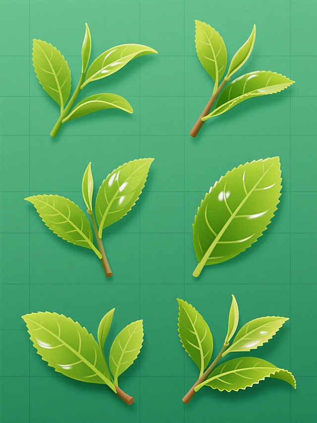 超写实摄影风格的扁平插画，六个完全不同造型与角度的绿茶枝叶系列素材集合，每个枝叶姿态各异，有的叶片舒展，有的微微卷曲，有的枝干倾斜，有的正面展示，有的侧面呈现，有的俯视角度，清晰的叶脉纹理，水润的叶片光泽，细腻的锯齿叶缘，鲜活的绿色渐变，纯绿色纯色背景，规整网格排布，整体画面干净简洁，突出茶叶的自然形态与质感。