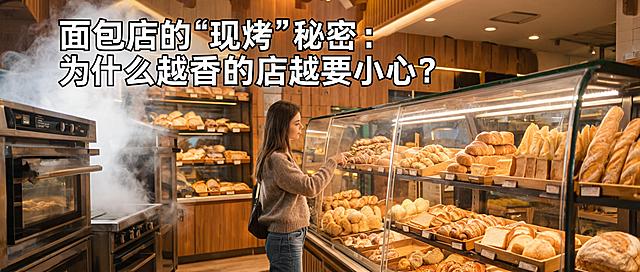 温馨纪实风格，面包店内部，烤箱冒着热气，面包陈列在橱窗里，顾客正在挑选，画面顶部添加醒目标题文字"面包店的"现烤"秘密：为什么越香的店越要小心？"，标题重点突出，整体有强烈的视觉冲击感
