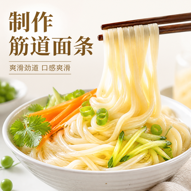 拼多多商品主图，展示用豌豆粉制作手工面条的成品，筋道爽口，配文字"制作筋道面条"，干净背景，1:1构图预览效果
