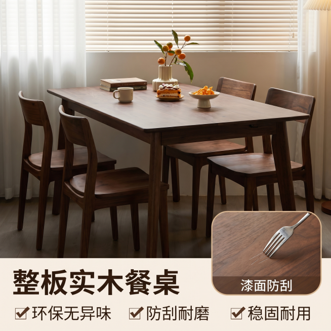 [主图 5] 产品规格与核心卖点汇总。
[氛围风格] 简约干净，整体风格和光影统一。
[画质] 商业摄影质感、光线柔和通透、产品清晰真实、画面干净高级。
[元素] 大框展示实木餐桌完整全景效果，右下角预览效果