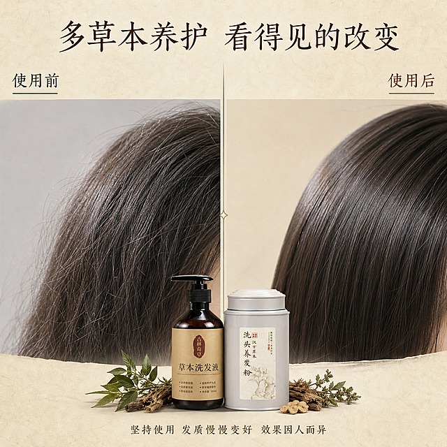 [主图-3] 小红书草本养发使用前后反馈对比图，突出多草本养护后的发质改善效果，真实自然不夸张。
[统一基调] 中药国风视觉，主色为米白宣纸色+赭石棕+草本墨绿，辅助色为浅木色；标题用细衬线宋体，说明文字用干净宋体；整体柔光自然光，古朴雅致，小红书原生氛围感。
[画面] 画面采用左右对比构图，中间用细竖线分隔。左侧为使用前发质状态：头发局部特写，发丝略显干枯毛躁、缺乏光泽，背景为浅灰色调，左上角标注"使用前"。右侧为使用后发质状态：同角度同光线的头发局部特写，发丝顺滑有光泽、强韧饱满，背景为暖米色调，右上角标注"使用后"。画面底部中央放置缩小的两款产品组合（深棕色洗发液瓶+银白色养发粉罐），产品外观、颜色、材质、标签与输入图完全一致。产品两侧点缀小束干草药和绿叶。背景整体为浅米色宣纸质感。
[光影质感] 商业摄影质感，发丝细节清晰，同角度同光线对比真实自然，不做夸张P图，产品光影与场景融合。
[配色] 米白底色，左侧偏冷灰调，右侧偏暖米调，赭石棕标题字，墨绿点缀。
[文字版式] 顶部居中大标题"多草本养护 看得见的改变"，左右上角分别标注"使用前""使用后"，底部产品下方小字"坚持使用 发质慢慢变好 效果因人而异"，文字清晰不遮挡主体。
[输出要求] 1:1正方形比例，文字清晰可读，产品清晰完整，无变形错字，无水印无平台logo，无生产厂家信息，不出现具体草本种类数量，不夸大功效，对比真实自然。