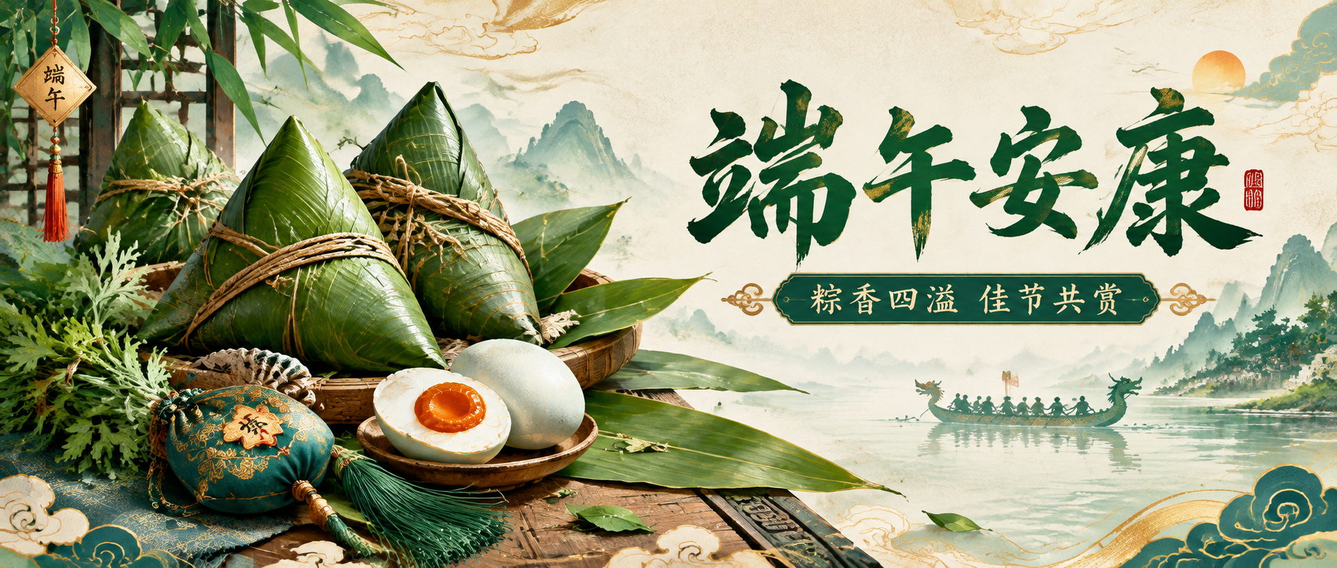 国潮风端午节公众号头条封面图，2.35:1横版超宽比例。画面左… - 图片创意预览