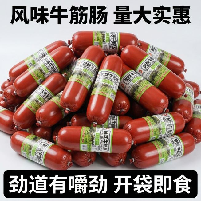 我的产品是牛筋肠，帮我做10张主图产品堆积起来突出产品多预览效果