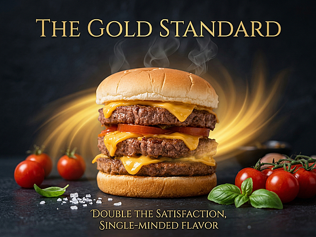 鎏金光影交织，重拟物风汉堡如油画般质感十足，奢华感与冲击感并存，尽显节日尊享风味。