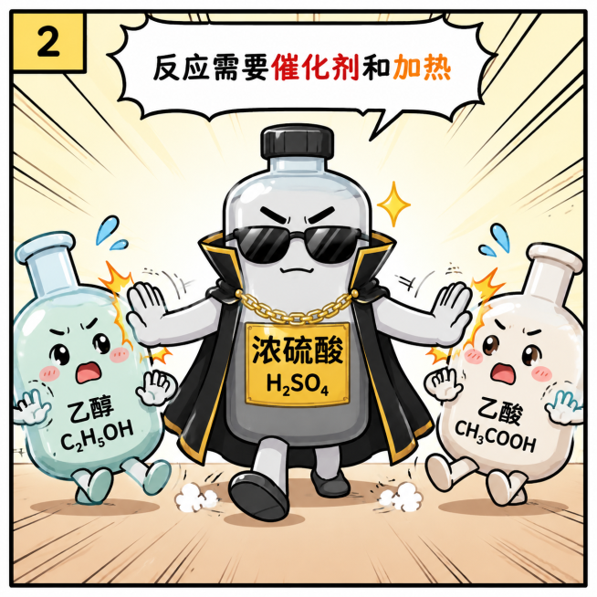 卡通分镜漫画第二格：浓硫酸被设计成戴墨镜的霸气大佬形象，走到乙醇和乙酸中间推开二人，配文旁白：反应需要催化剂和加热，风格为可爱科普漫画，线条清晰，色彩明亮预览效果