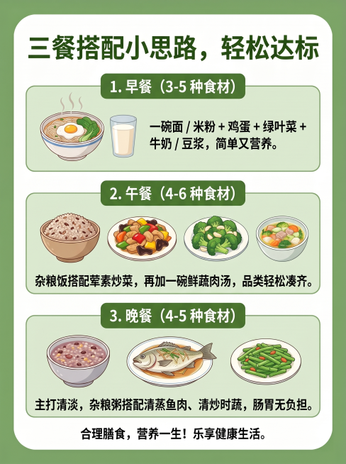 生成同系列膳食科普海报，延续参考图的绿色健康风格：绿色外背景，白色圆角内框，大标题是"三餐搭配小思路，轻松达标"，分三个浅绿色圆角区块，分别展示：1. 早餐（3-5 种食材）：一碗面 / 米粉 + 鸡预览效果