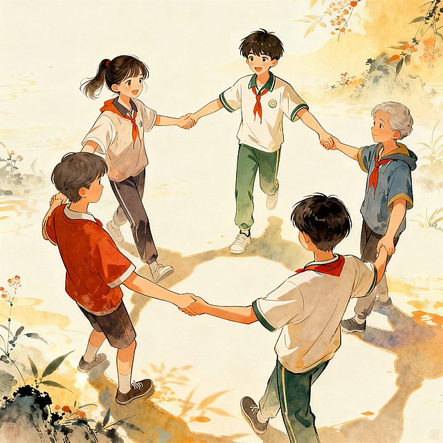 公益项目创新资源主题插画，四位年轻动漫主角手拉手围成圈，象征不同社会群体合作公益，温暖明亮，治愈系国风，青春校园公益温暖风格，暖色调，高清细节