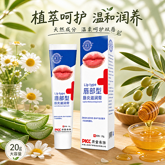 药健百瑞唇部型唇炎滋润膏 成分天然植萃风主图。
[商品] 保留软管+包装盒外观、蓝白红配色、药健百瑞Logo、唇部图案、红十字标识、PICC质量承保文字、20g规格等所有包装细节，产品清晰完整不变形。
[画面] 产品摆放在原木色台面上，周围环绕着天然植物元素：新鲜的芦荟叶、洋甘菊花瓣、蜂蜜滴、橄榄枝，背景是柔和的浅绿到米白渐变。阳光从上方洒落，有自然的光斑和植物影子。整体风格天然纯净，强调植萃成分和温和呵护。产品占画面约55%。
[光影] 自然阳光斜射，光线温暖柔和，有丁达尔光效和光斑，植物投影自然，产品表面有柔和的高光，整体温暖天然。
[配色] 主色调为浅绿+米白+原木色，点缀植物的绿色和花朵的淡黄色，产品蓝白红配色自然融入，整体天然纯净。
[文字] 画面上方主标题"植萃呵护 温和润养"，副标题"天然成分 温柔呵护双唇"。文字采用略带手写感的无衬线字体，深绿色或棕褐色，自然亲切。左下角小字"20g大容量"。
[规格] 1:1正方形，2K，文字清晰，产品清晰，无敏感功效词，无绝对化用语，天然植萃清新风格。