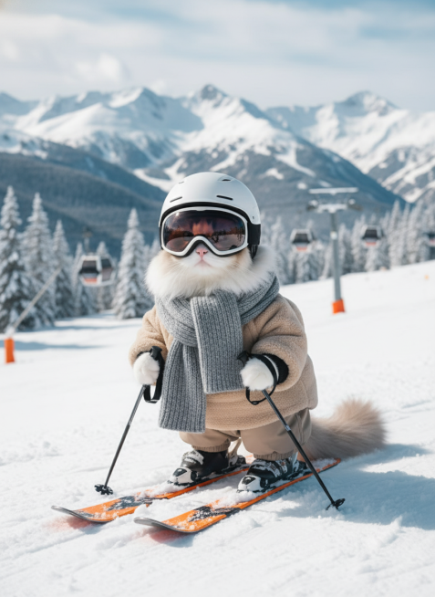 画面主视觉是猫咪身着米色带毛领的蓬松滑雪服，搭配灰色针织围巾，戴头盔和深色护目镜，手持滑雪杖，脚踩橙黑配色滑雪板，姿态可爱。背景是雪山、树林及滑雪场设施。预览效果