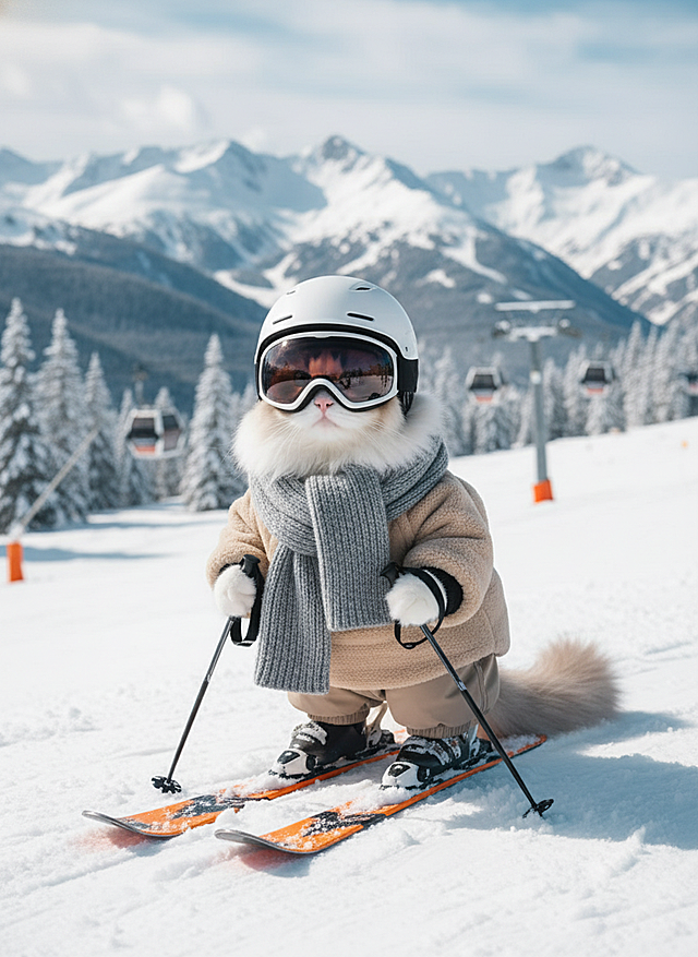 画面主视觉是猫咪身着米色带毛领的蓬松滑雪服，搭配灰色针织围巾，戴头盔和深色护目镜，手持滑雪杖，脚踩橙黑配色滑雪板，姿态可爱。背景是雪山、树林及滑雪场设施。