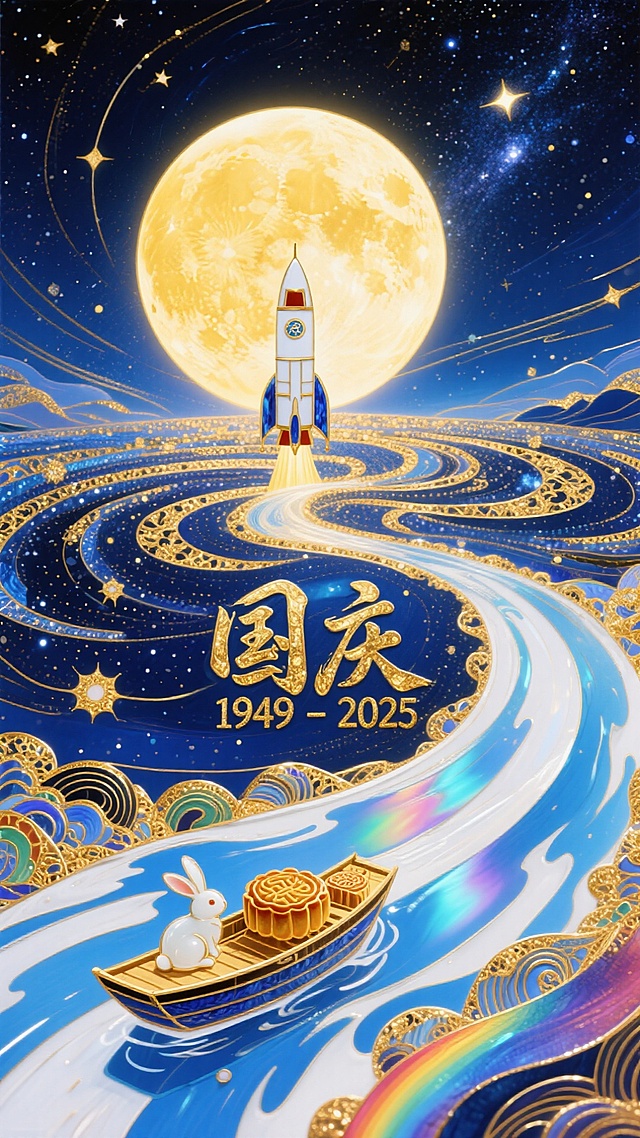 国潮风插画，融合中式元素与未来科技感，金色浮雕纹理勾勒星河与火箭，玉兔泛舟彩浪，象征传统与现代交织的梦幻庆典。