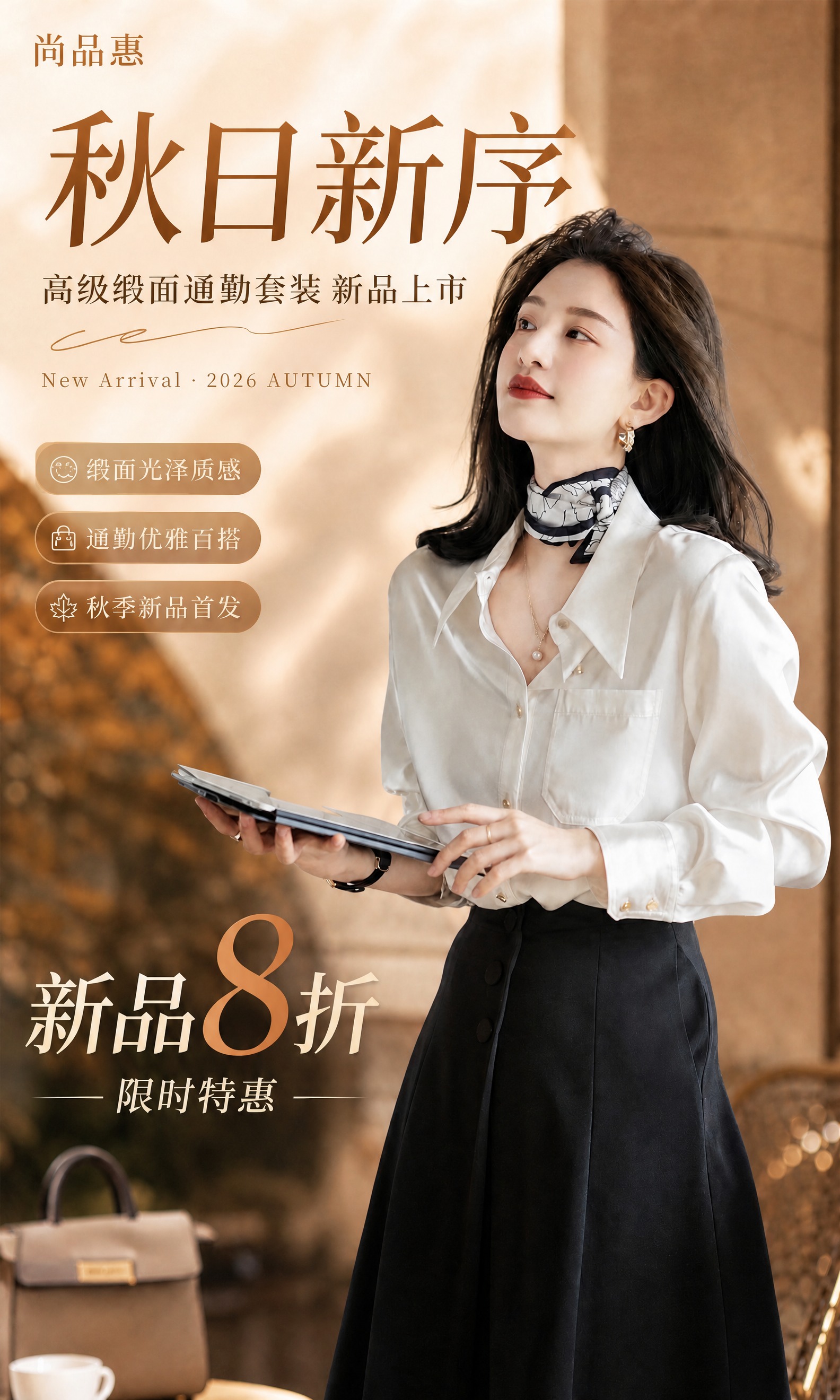在这张秋装促销海报的左上角添加品牌名称"尚品惠"，字体为精致的… - 图片创意预览