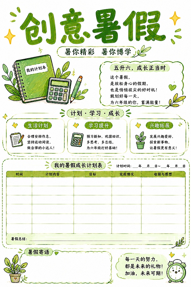 「图片1」 参考此图风格 ，创意暑假，五升六，马克笔风格，白底手绘风，尺寸210*297，寄语篇，创意暑假主题总览 ，暑你精彩暑你博学，故事背诵，数学篇小账本，英语篇，劳动篇，暑你健康暑你神奇，一周天气记录，阅读记录卡附件，总结篇 12张