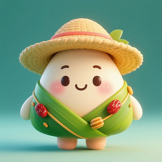 端午粽子卡通拟人形象，粽子带着草帽，表情可爱，Q版3D，超清，高饱和度，萌系，粽子身上红豆、蜜枣装饰