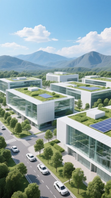 现代建筑鸟瞰图，以玻璃幕墙和白色金属板为主要材质的大型建筑群，屋顶覆盖绿色植被，部分区域设有太阳能板，建筑群周围环绕茂密的绿色树木与整齐的行道树，前方道路上有几辆白色汽车行驶，远处背景是连绵起伏的蓝灰色山脉，上方是晴朗的蓝天，点缀着几朵形态自然的白色云朵，整体呈现出明亮、通透、现代且富有生态感的氛围，采用写实主义3D渲染风格，光影清晰，色彩和谐，具有强烈的空间纵深感和建筑细节表现力。预览效果