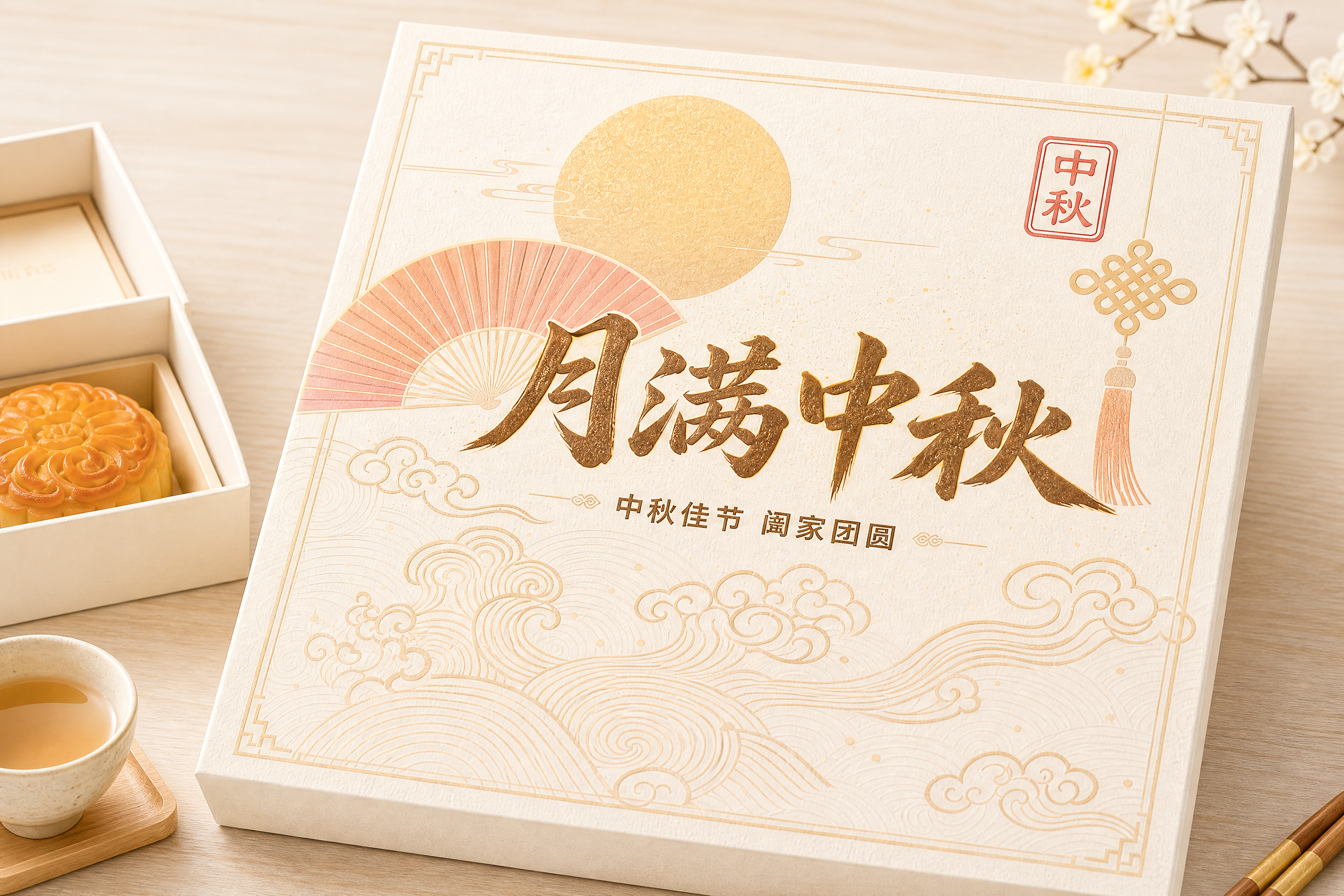 将这个深蓝色的中秋月饼礼盒重新设计为浅色配色版本，保持完全相同… - 图片创意预览