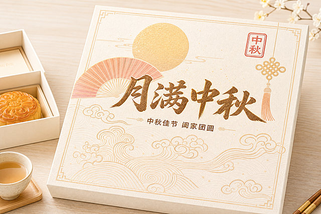 将这个深蓝色的中秋月饼礼盒重新设计为浅色配色版本，保持完全相同的图案结构、元素布局和文字内容，只改变颜色。

【配色方案】：
- 礼盒底色：米白色/奶杏色，带有细腻的特种纸纹理，温暖柔和
- 月亮：暖金色/浅金色，柔和不刺眼
- 折扇：淡橘红色/珊瑚粉色，比原来的红色浅很多，更柔和
- 祥云水纹：浅金色/香槟金线条，精致细腻
- 中国结流苏：浅金色+淡橘色
- 印章"中秋"：朱红色但饱和度降低，偏朱砂红
- 主标题"月满中秋"：深棕色/赭石色书法字体，有烫金浅金的光泽感
- 副标题文字：深棕色/咖啡色
- 边框：浅金色细边框
- 整体色调：温暖的米白+金+淡红，清新雅致，类似日式/新中式的淡雅风格

【场景】：
- 背景也换成浅色：浅木色桌面/米白色大理石台面
- 旁边的月饼、茶杯等道具也换成浅色风格
- 光线柔和明亮，整体通透干净

所有图案元素、文字内容、构图位置与原图完全一致，只改变颜色配色方案，做成浅色版本。