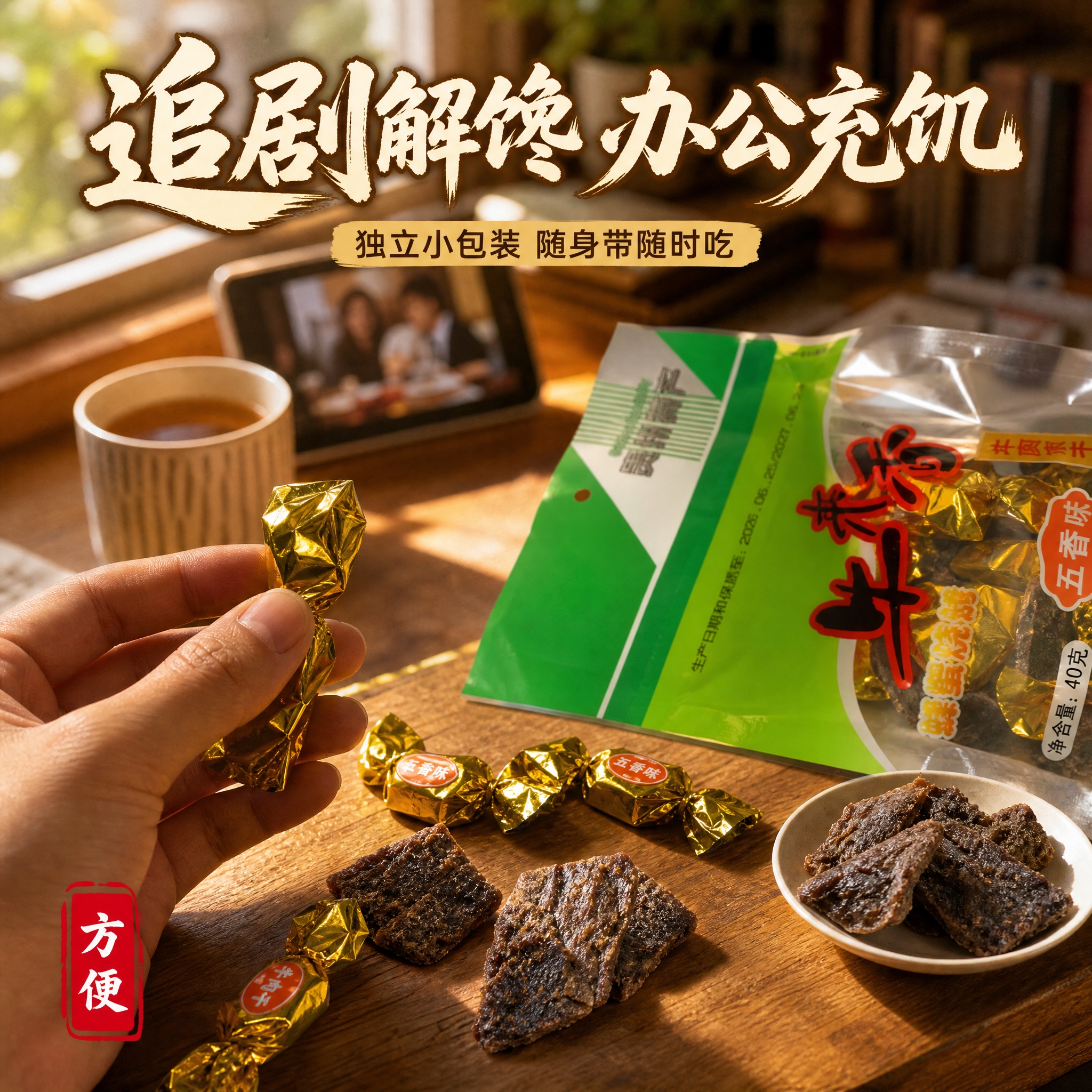 [主图-4] 食用场景与生活方式图，核心任务是展示牛肉干的多种… - 图片创意预览