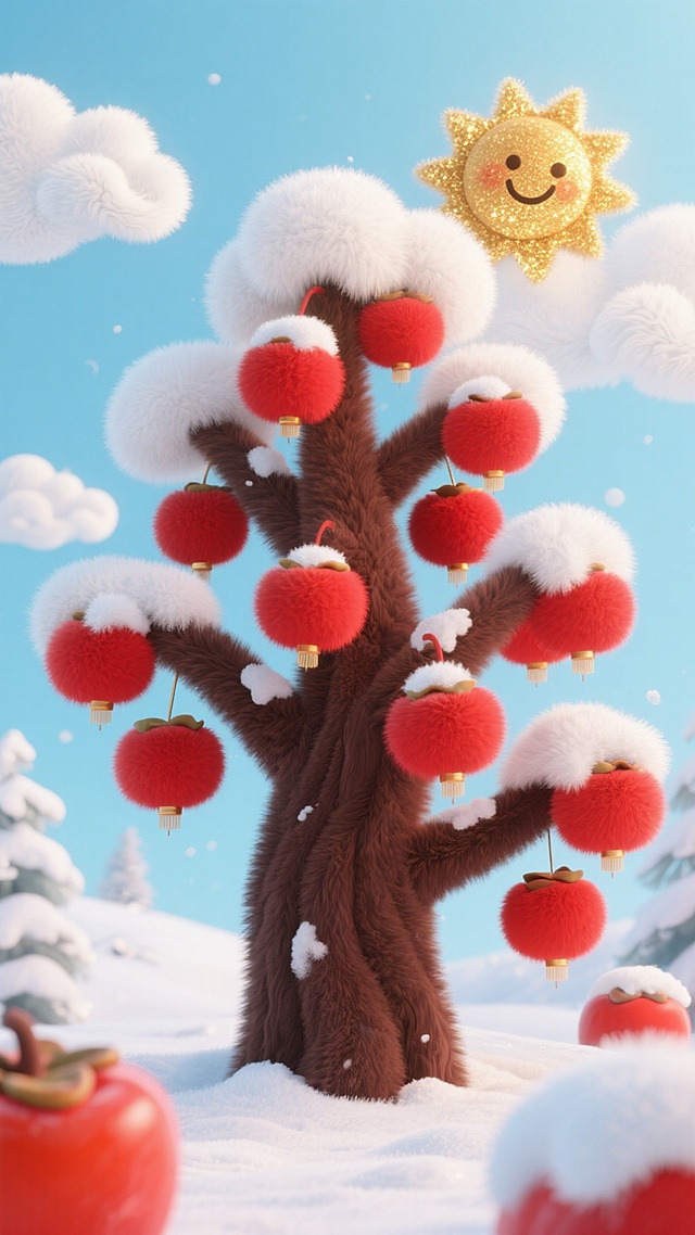 软3D风毛发生长树挂红灯笼，卡通感十足，雪景中透出喜庆与梦幻，阳光笑脸点缀冬日，萌趣可爱。