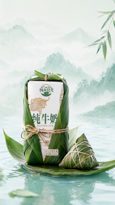 竖版商业海报，端午主题高端牛奶广告，画面主体是这盒牦牛纪元纯牛奶，牛奶盒被新鲜翠绿的粽叶层层包裹，用天然棕麻绳系好，放在一片漂浮在清澈淡蓝色水面上的粽叶上，旁边摆放1个传统粽子。背景是淡薄荷绿色调的国预览效果