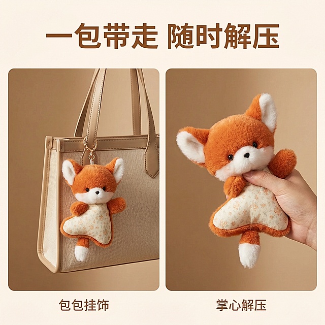 [垫图] https://gd-visitor.dancf.com/tmp02/caac0f37c45342929c7851a14d4bcffe/5ad2c8d23bd94781b2d313a306cdbcdf.jpg 
[主图主题] 狐狸毛绒多场景体验展示
[氛围/风格] 暖色调柔光生活风实拍，和整体风格保持统一
[画面元素] 左图展示狐狸放置在女生包包挂饰位置，右图展示狐狸放在手心捏玩的状态，两张拼图自然拼接，光影统一，背景为温暖浅棕色墙面，背景全屏无边框，产品外观和原图保持100%一致。
[配色色系] 主色调：暖橙；辅助色：浅棕背景、米白，整体暖调统一
[视角构图] 左右分屏拼图布局，左展示挂饰场景右展示捏玩体验，布局平衡
[文字版式] 顶部主标题“一包带走 随时解压”，粗体无衬线暖棕色字体，两张图下方分别标注“包包挂饰”“掌心解压”，小字浅棕色，排版清晰不遮挡主体。
[比例分辨率] 2k 分辨率