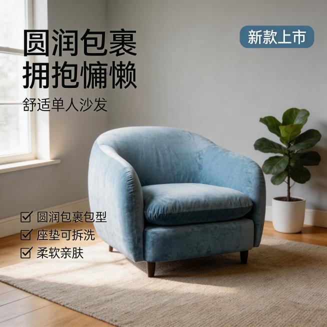 [垫图] https://cdn.dancf.com/fe-assets/20260313/9ed5cf309814be74bc807a3c094c4a1a.png
[主图主题] 雾霾蓝绒布单人沙发明预览效果