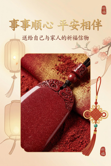 2:3竖版，杂志级精致排版，不展示完整产品，以寓意可视化呈现。背景为中式灯笼、平安结等祈福元素组合的简约插画，主标题：「事事顺心 平安相伴」，副标题：「送给自己与家人的祈福信物」，文字采用书法字体，金预览效果